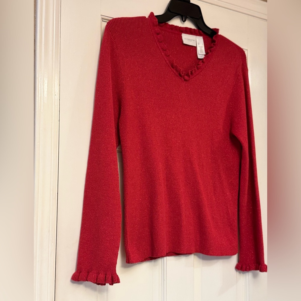 Chic Metallic Red V-Neck Sweater with Ruffled Accents